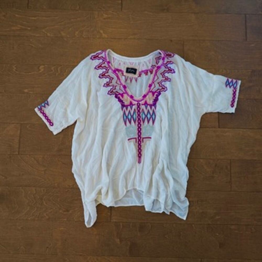 Johnny Was Biya Embroidered Boho Top M White Oversized Tunic Festival Top
